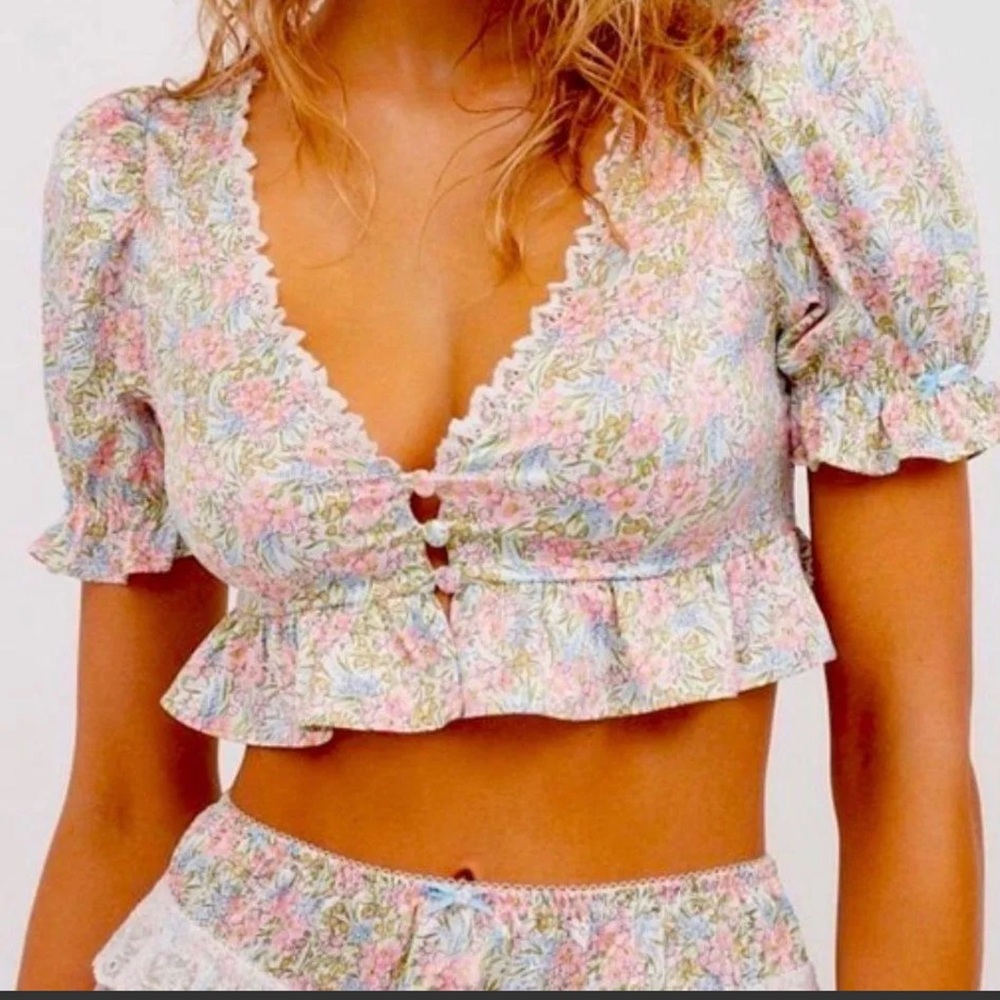 For Love And Lemons White Puff Sleeve Crop Blouse